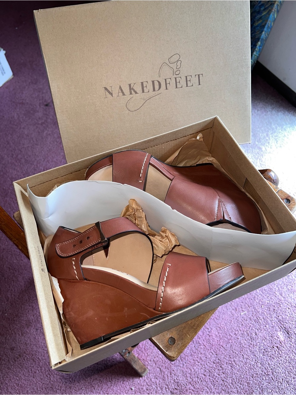 Naked Feet Brown Leather Wedge Sandals with Ankle Strap